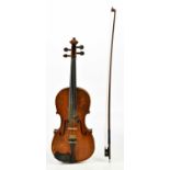 A full size German violin, Guarnerius copy with two-piece back length 35.6cm, cased with a bow.