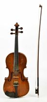 A full size German violin, Guarnerius copy with two-piece back length 35.6cm, cased with a bow.