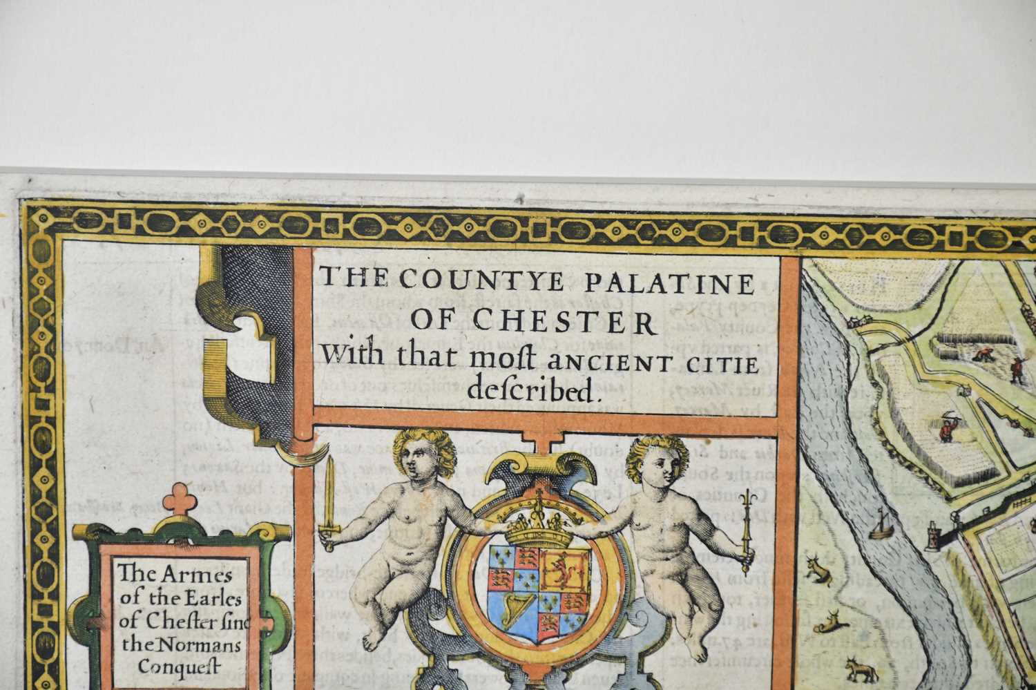 JOHN SPEED; a 17th century hand coloured map of Chester, 40 x 52cm, framed and glazed. - Image 3 of 4