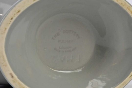 AFTER CONTANCE SPRY FOR FULHAM POTTERY; a twin handled pedestal vase with wavy rim, on a grey glazed - Image 3 of 4