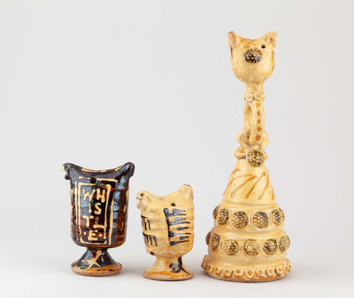 † GEOFFREY FULLER (1936-2022); a trio of slip decorated earthenware bird whistles, tallest 26cm (3). - Image 5 of 7