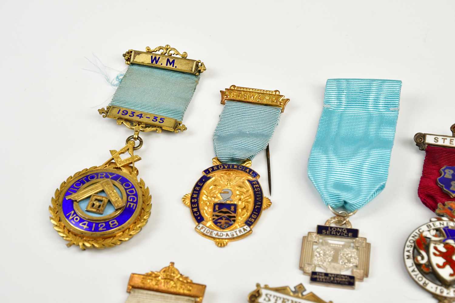 Seven silver and silver gilt Masonic 'jewels' and three base metal examples. Condition Report: - Image 2 of 5