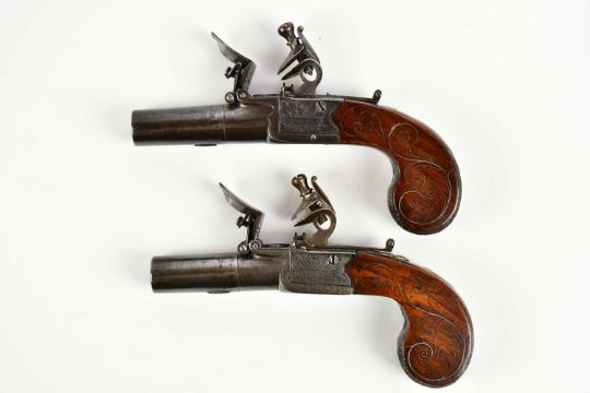 WHALLEY; a pair of 19th century 40 bore flintlock muff pistols, with 1.5” turn-off barrels, - Image 8 of 12