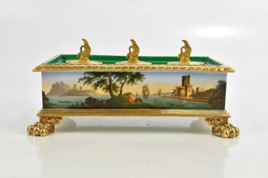 ATTRIBUTED TO PARIS PORCELAIN; a late 19th century hand painted desk stand, decorated with landscape - Image 3 of 10