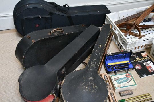 A collection of guitar and banjo parts, together empty banjo cases, harmonicas and penny whistles. - Image 4 of 6