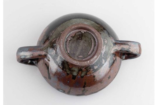 Abuja Pottery; a trio of stoneware twin handled soups covered in tenmoku breaking to kaki glaze with - Image 11 of 14