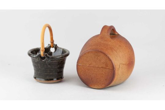 † JOHN LEACH (1939-2021) for Muchelney Pottery; a stoneware basket with cane handle covered in - Image 4 of 13