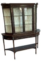 A good Edwardian mahogany display cabinet with painted decoration, the upper section with pair of