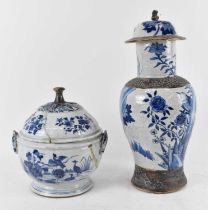 A 19th century Chinese blue and white lidded vase (af), height 47cm and a Chinese style blue and