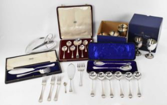 A quantity of silver plated items, including six silver plated goblets, silver plated flatware,