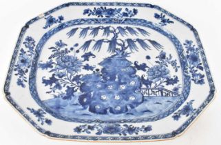 An 18th century Chinese Export porcelain blue and white tureen stand, 46 x 39cm, (af). Condition