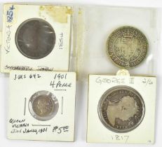 A Victorian 1893 half crown, a George III 1817 half crown and a Victorian 1901 British Guiana and
