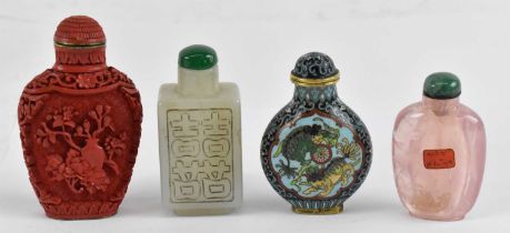Four Chinese snuff bottles comprising cloisonné, cinnabar lacquer, pink glass and green hardstone