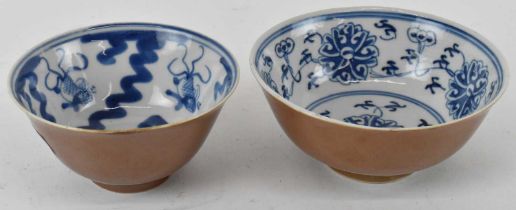 A 19th century Chinese blue and white porcelain bowl with brown glazed exterior, with mark to
