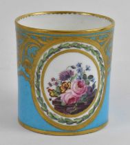 SEVRES; a late 18th/early 19th century Vincennes Bleu Celeste coffee can with oval painted floral