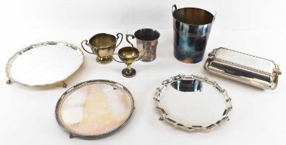 A small quantity of plated items including three salvers, ice bucket, golf trophy, tureen etc.