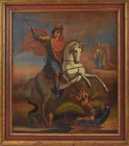 An 18th century Russian icon, oil on board, St George slaying the dragon with St Alexander observing