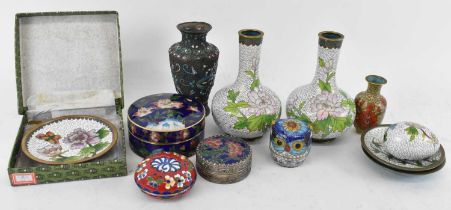 A group of modern Chinese cloisonné enamel items, including a pair of floral enamel vases, height