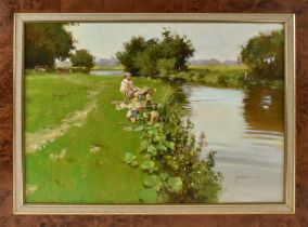 † JOHN HASKINS (born 1938); oil on board, river scene with fishermen and children playing, signed,