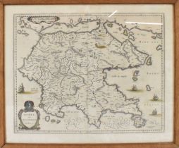 A 17th century map of The Peloponnesus by Willem and Joan Blaeu, 41 x 50cm, framed and glazed.