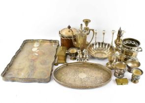 A quantity of silver plated items, including candlesticks, ice buckets, biscuit barrel, salt and