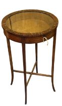 An Edwardian mahogany and hand painted circular bijouterie table, diameter of top 43cm, height