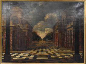 AFTER JACOB FERDINAND SAEY; a late 18th century oil on canvas, courtyard and formal garden scene,