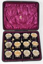 EDGAR FINLEY & HUGH TAYLOR; a Victorian cased set of twelve hallmarked silver condiment pots and