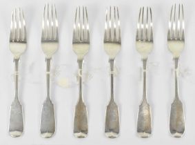 WILLIAM RAWLINGS SOBEY; a set of six Victorian hallmarked silver dessert forks, Exeter 1837,