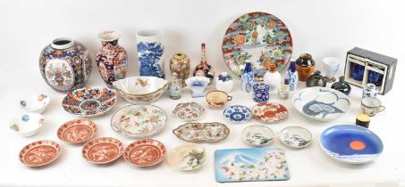 A group of modern decorative Japanese ceramics including an Imari decorated vase, height 25cm, Imari