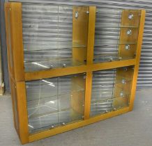 A pair of modern oak framed jewellery display cabinets, made from reinforced glass (locked and