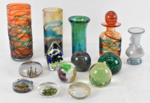 A group of art glass and paperweights including four vases, one Mdina, art glass decanter,
