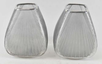 RENÉ LALIQUE; a pair of frosted glass vases with white metal mounts to the rim (cut down from the
