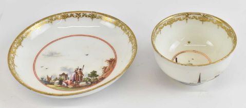 MEISSEN; an 18th century tea bowl and saucer with painted decoration, diameter of tea bowl 7cm.