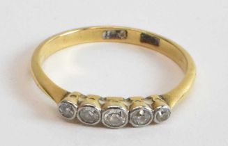 An 18ct yellow gold and platinum five stone diamond ring, size Q, approx 2.2g.