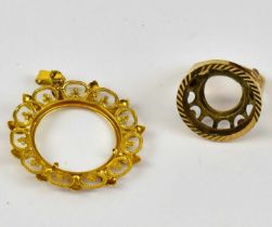 A 9ct yellow gold sovereign pendant mount and a 9ct yellow gold sovereign ring mount, combined