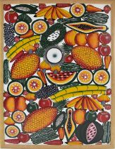 MIAPWATA; a 20th century Tingatinga style oil on board depicting fruits and vegetables, 74 x 53cm,
