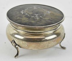 CHARLES HENRY DUMENIL; a George V hallmarked silver tortoiseshell topped trinket box, with hinged