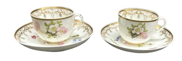 SWANSEA; a pair of porcelain teacups and saucers, possibly decorated by Evan Evans circa 1815 (