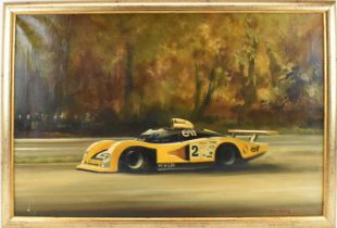† DION PEARS (1929-1985); a 20th century oil on canvas, a Renault racing car, signed lower right, 60