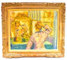 UNATTRIBUTED; 20th century oil on board, 'Bridget at the dressing table', signed indistinctly