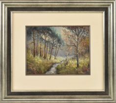 GARSTIN COX (1892-1933); early 20th century oil on board, 'Stream through Scots Pine', signed