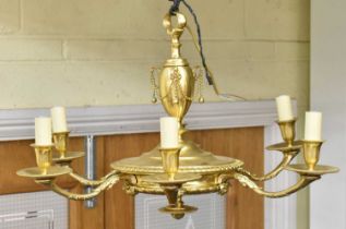 A modern French style brass six branch chandelier, height approx 50cm.