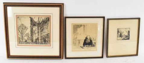 SIR FRANK WILLIAM BRANGWYN (1867-1956); three etchings, 'Scaffolding', 18 x 19.5cm, an elderly man