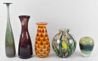 MDINA; a small Mdina art glass vase, height 30.5cm, a purple art glass vase, height 28.5cm, a tall