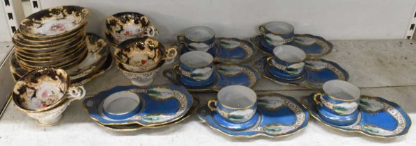 A 19th century blue floral and gilt decorated part tea service comprising seven teacups, ten