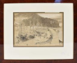 ALBERT GOODWIN (1845-1932); pen and ink drawing, 'Clovelly', titled lower left, signed lower