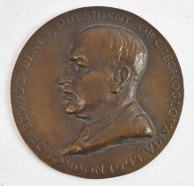 A circular bronze plaque of Dr. Edvard Benes, President of Czechoslovakia, 1943, diameter 13.5cm.