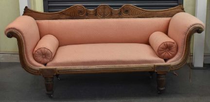 An early Victorian mahogany scroll arm sofa on turned reeded supports, width approx 200cm.