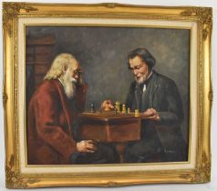 J. WILSON; a 20th century oil on board, 'The Chess Match', signed lower right, 49 x 59cm, gilt